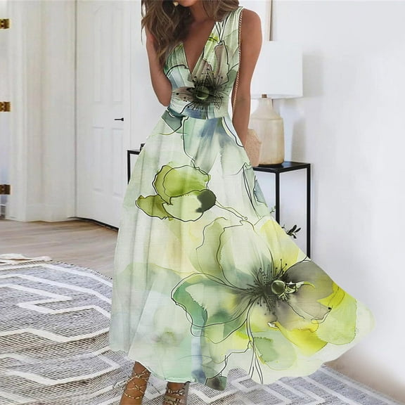 Titcea Summer Dresses for Women 2026 Deep V Neck Sleeveless Wrapped Chest Flowy Maxi Dresses Floral Printed Casual Elegant Dresses, Gifts for Mom/Her