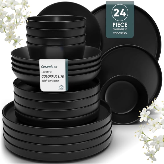 Malacasa 24 Pieces Stoneware Dinnerware Set, Stackable Plates and Bowls sets for 6, Dinner Set, Microwave & Dishwasher Safe, Black