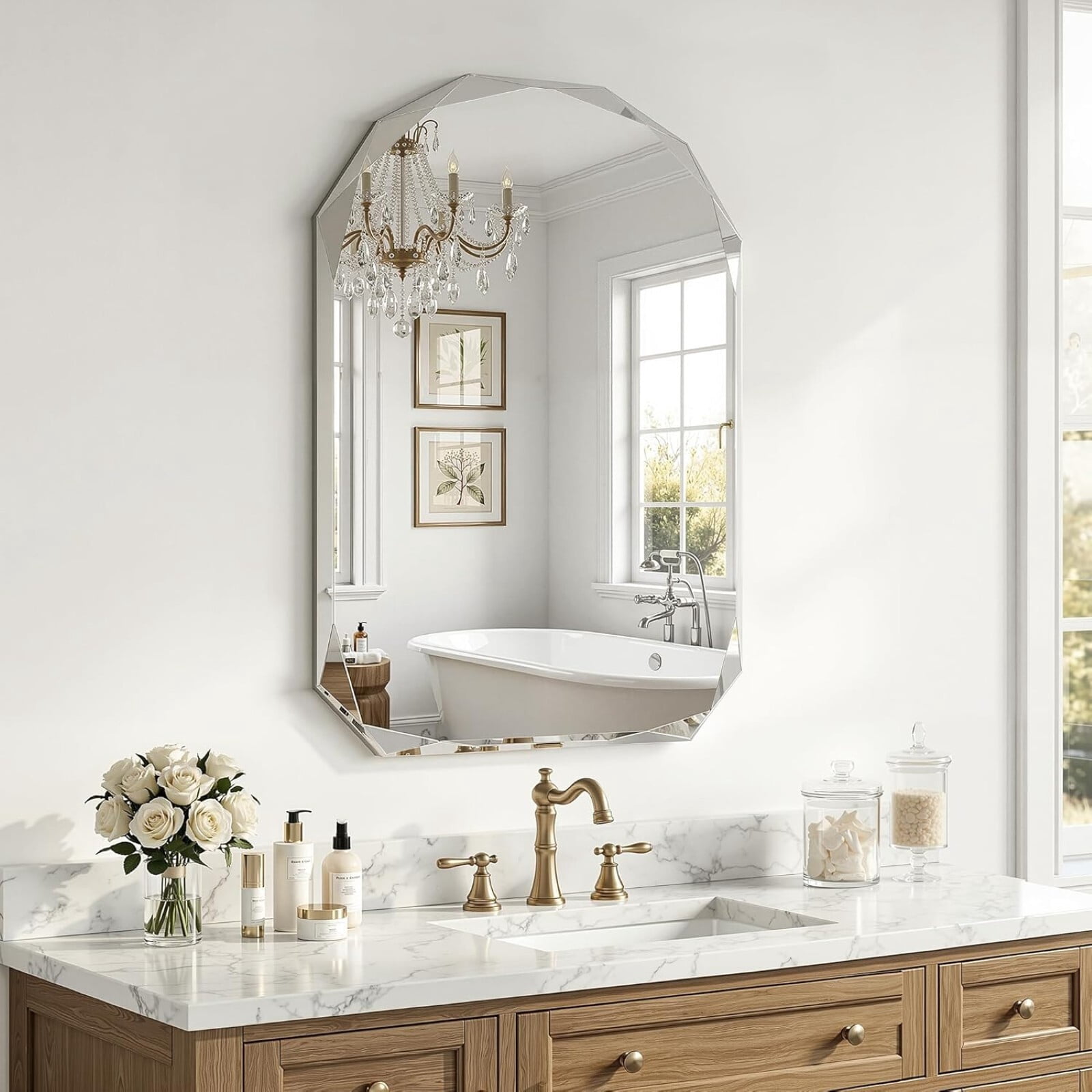 Gleamira 20"x28" Frameless Arched Bathroom Mirror Beveled Diamond Edge Wall Mirror Vanity Decorative Mirror