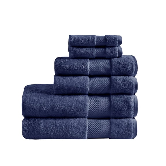 6 Piece 100% Cotton Bath Towel Set, Navy Blue 600 GSM Low Twist Turkish Cotton Towels, OEKO-TEX Certified Dobby Border Soft Absorbent Bathroom Towel Collection