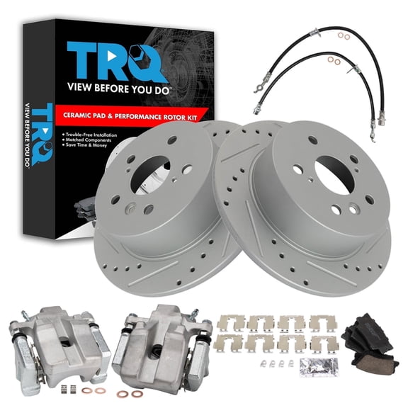TRQ Rear Brake Pad and Rotor Set Ceramic Slotted Drilled Coated Rotors Calipers Fits 2007-2012 Lexus ES350 2008-2012 Toyota Avalon 2007-2011 Camry