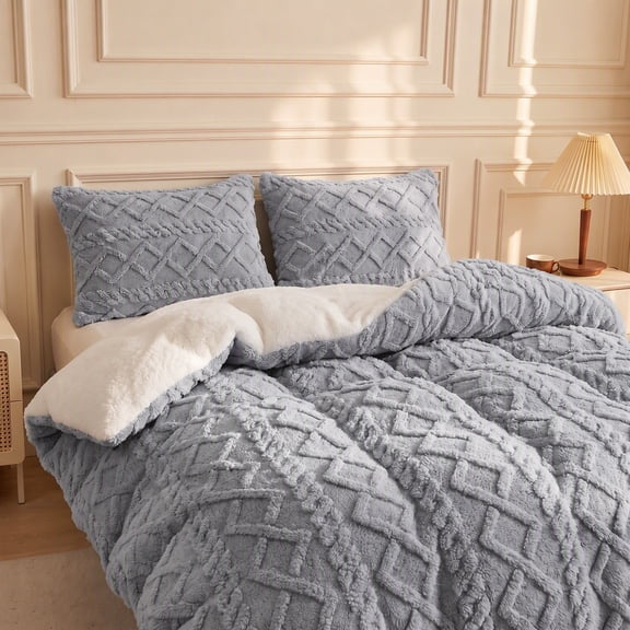 Ultra Soft Reversible Plush Comforter, Thick Warm Fluffy Bedding Comforter for Winter, Cozy Textured Bed Comforter Twin Size Gray