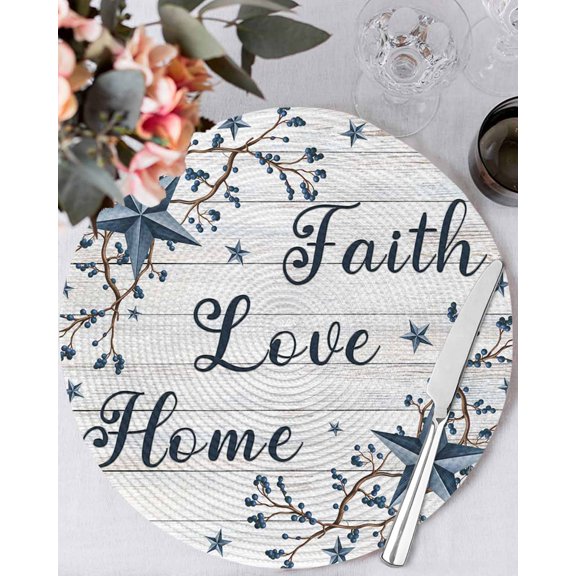 13 Inch Round Placemats Set of 4, Farmhouse Non Slip Heat Insulation PP Table Mats, Blue Country Texas Star Vintage Berries Wooden Washable Place Mats for Kitchen Dining Party Table Decor