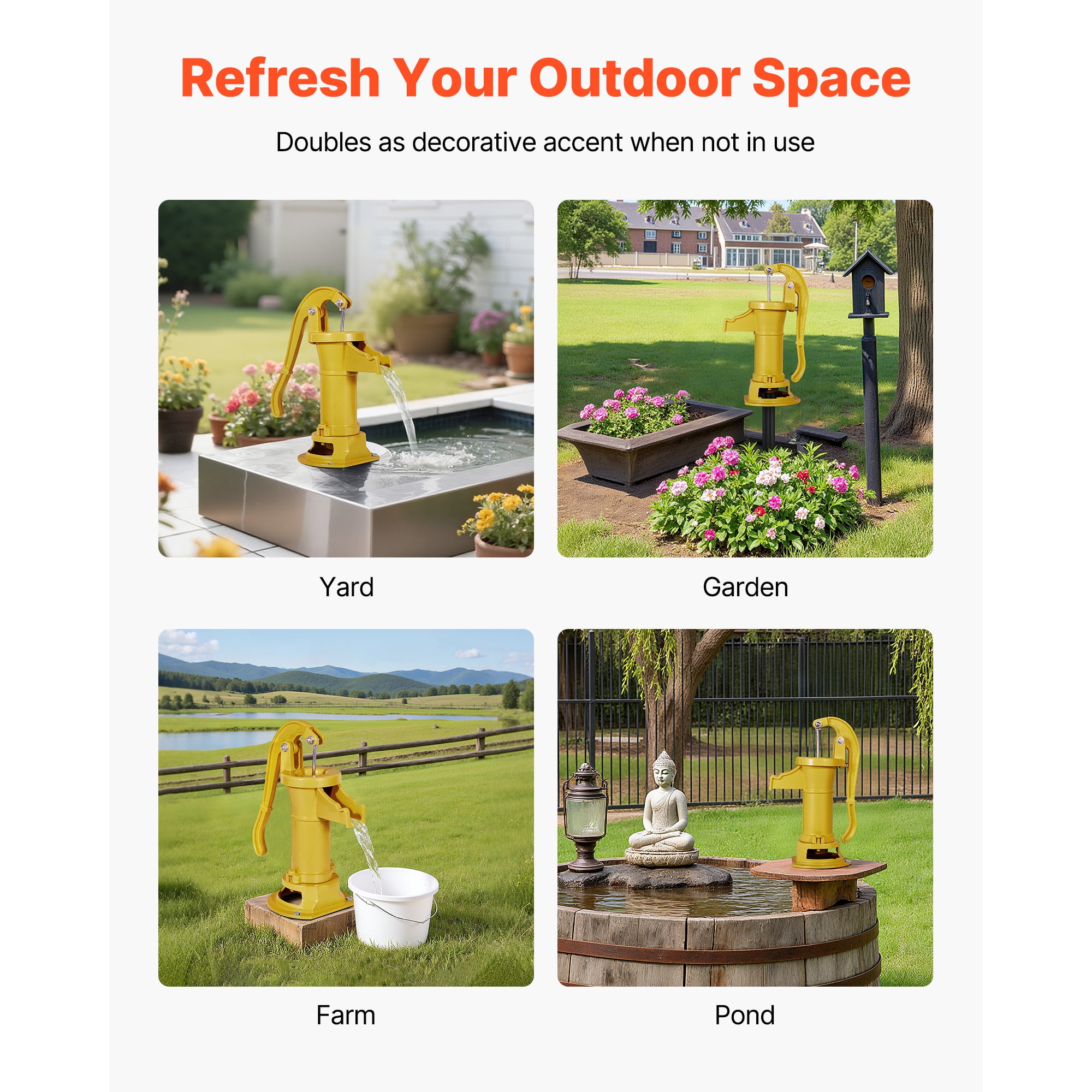 KFFKFF Cast Iron Hand Well Pump, Max. 25 ft Lift Antique  Pitcher Pump, 1-1/4 in NPT Connection,  Manual Water Pump for Outdoor Gardens, Ponds, Backyards, and Farms, Yellow