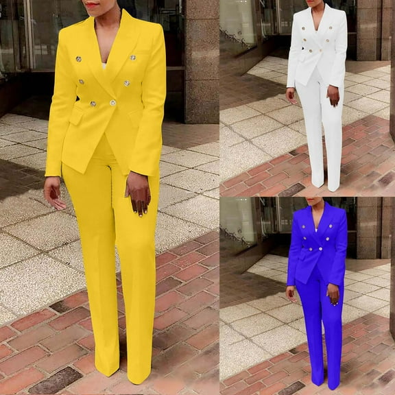 Miluxas Women's Fashion Fall 2 Piece Pant Suit Solid Color Button V Neck Dressy Long Sleeve Blazer and Slim Fit Pants Set Business Outfits Yellow 10(XL)