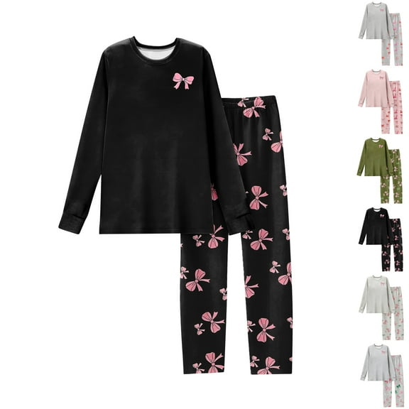 Valentine's Day Women's 2 Piece Pjs Sets Long Sleeve Top & Pants Bow Print Soft Comfy Sleepwear Light Gray XL