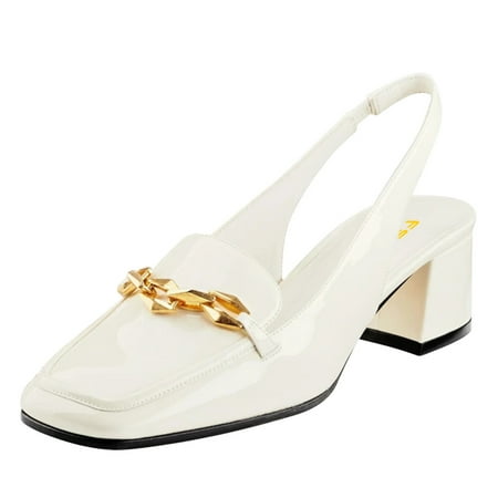 FSJ Women Elegant Closed Square Toe Chunky Low Heels Slingback Pumps Slip On Loafers Ladies Office Business Shoes Size 5 White