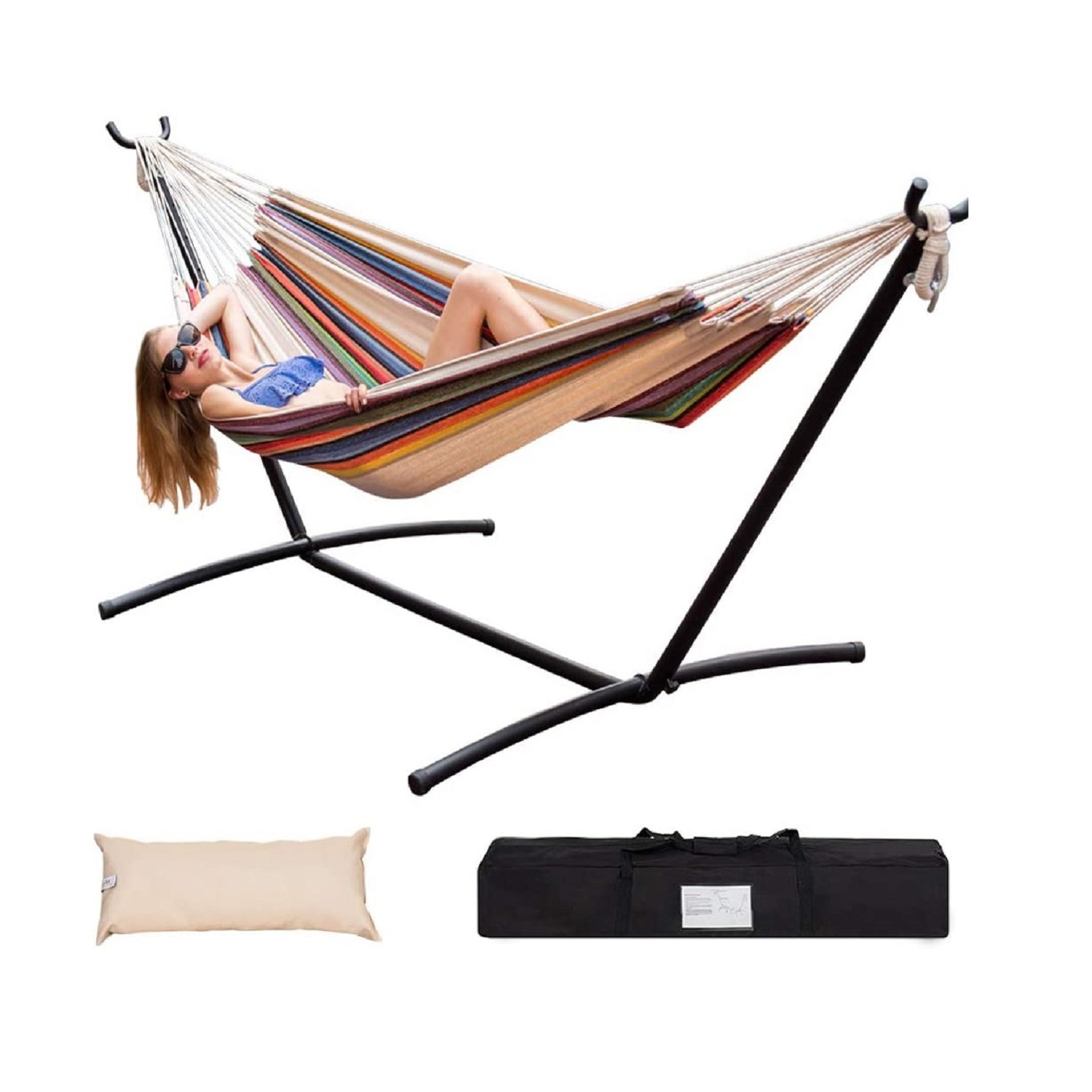 Prime Garden Double Cotton Hammock with Steel Stand,Multi Color Stripe