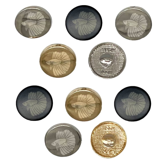 Siamese Fighting Fish Betta Splendens with Large Fins Set of 10 Metal 0.6" (15mm) Sewing Shank Round Buttons - Silver Color