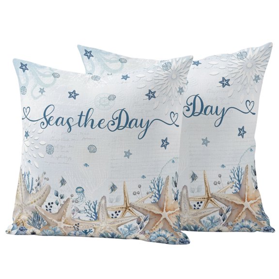 Outdoor Pillow Covers 26x26 Set of 2, Blue Starfish Coastal Waterproof Patio Throw Pillow Covers for Couch Sofa Chair, Nautical Summer Beach Ocean Sea Decorative Pillowcases for Throw Pillows