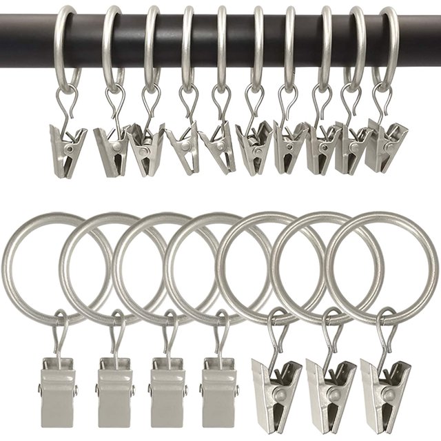 SURJDE 100 Pack Metal Curtain Rings with Clips, Curtain Hangers Clips, Drapery Clips with Rings, Drapes Rings 1 in Interior Diameter, Fits Diameter 5/8 in Curtain Rod, Matte Silver Color