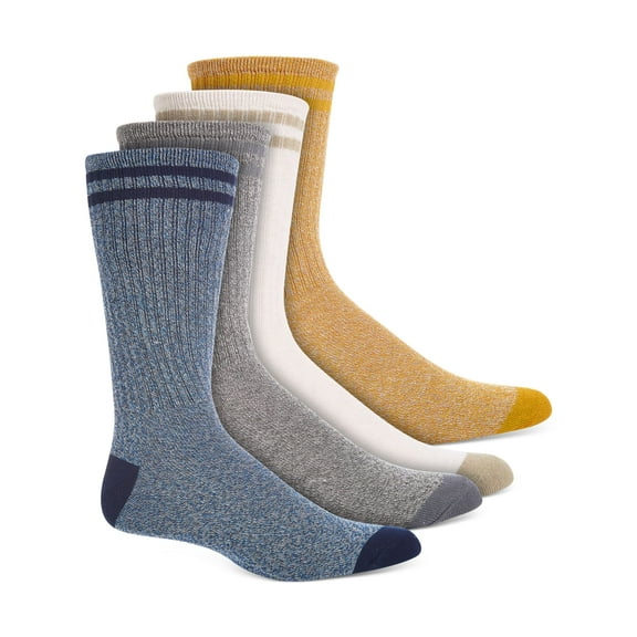 SUN STONE Mens 4 Pack Yellow Double Stripe Stretch Ribbed Casual Crew Socks 7-12