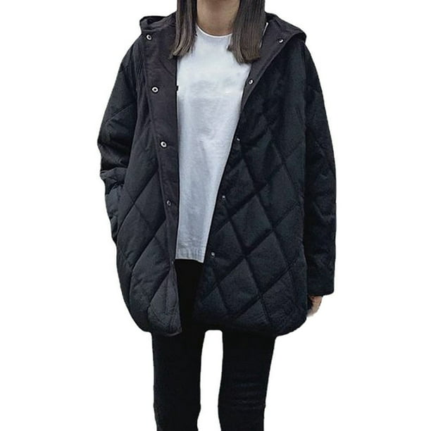 TOWED22 Womens Winter Quilted Jackets Women's Solid Color Loose Cotton Coat  Mid Length Hooded Jacket (Black, One Size)