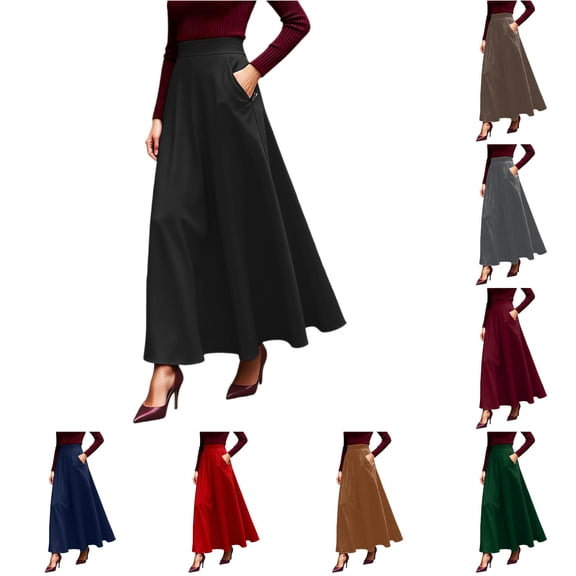 Wxolcjlv Womens Solid Maxi Skirt High Waist Side Zipper Pockets A‑Line Skirts