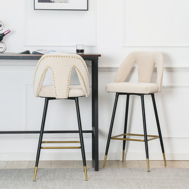 Contemporary Velvet Upholstered Counter, Polished Aluminum Bar Stools With Backs