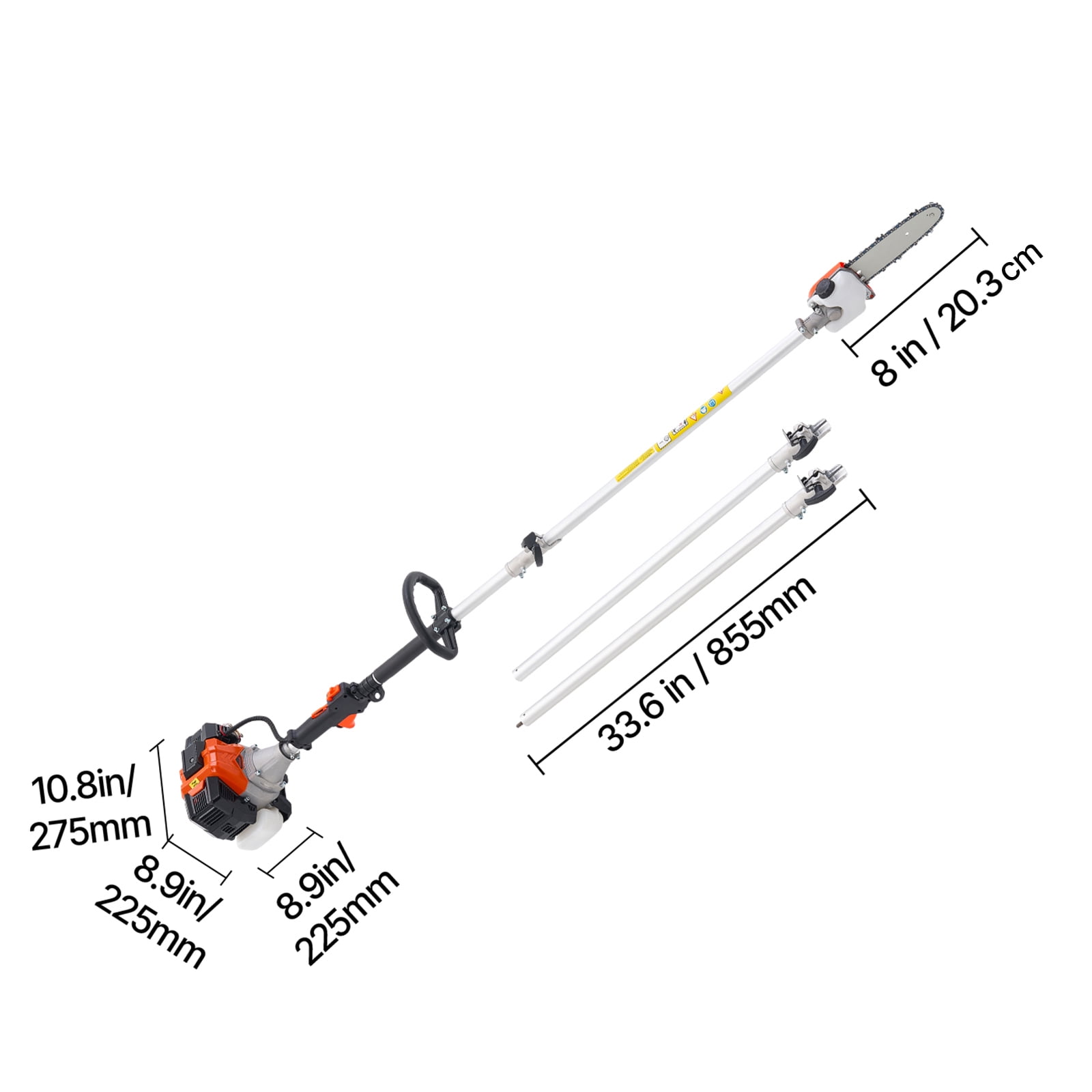 VEVOR Gas Pole Saw, 33CC 2 Stroke Gas Powered Pole Saws with 8 in Cutting Bar, Cordless Tree Trimmer with 30 fl.oz Fuel Tank, 6.7 to 11.6 ft Extendable, Powerful Chainsaw for Tree Trimming Pruning
