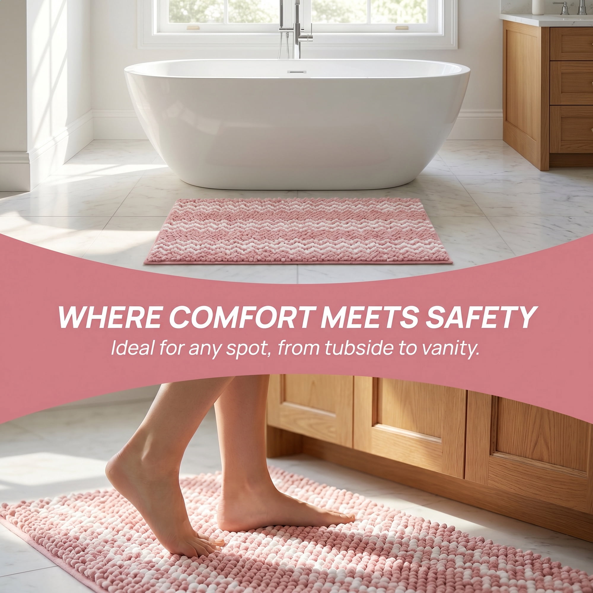 Unique Bargains Ultra Soft Non Slip Machine Washable Chenille Bath Mat Pink 32" x 20"