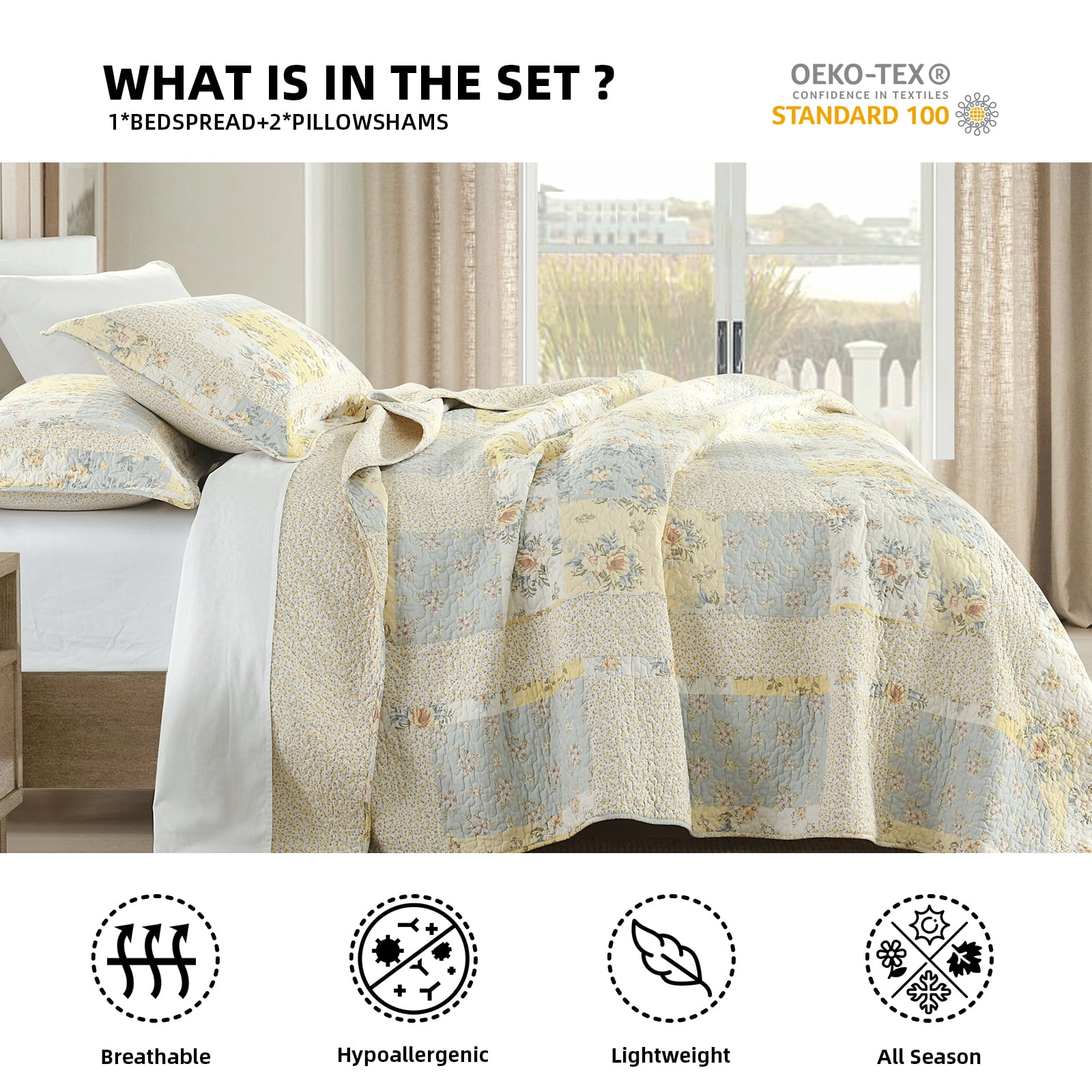 PANGUSHAN 100% Cotton 120"x120" Oversized California King Bedspread Coverlet Quilt Set, Cal King Quilted Bedspread Extra Large Wide Quilt, Floral XL Bed Spread Lightweight Comforter, Yellow/Cream