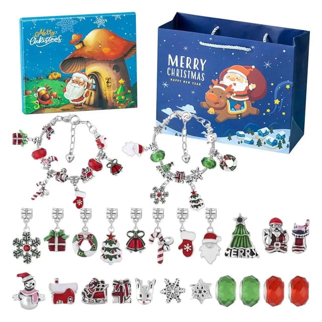 Calendario de Adviento de Navidad para niñas, Kit de pulsera azul con temática navideña, cuenta regresiva de 24 días, con 2 piezas, DIY, 2024