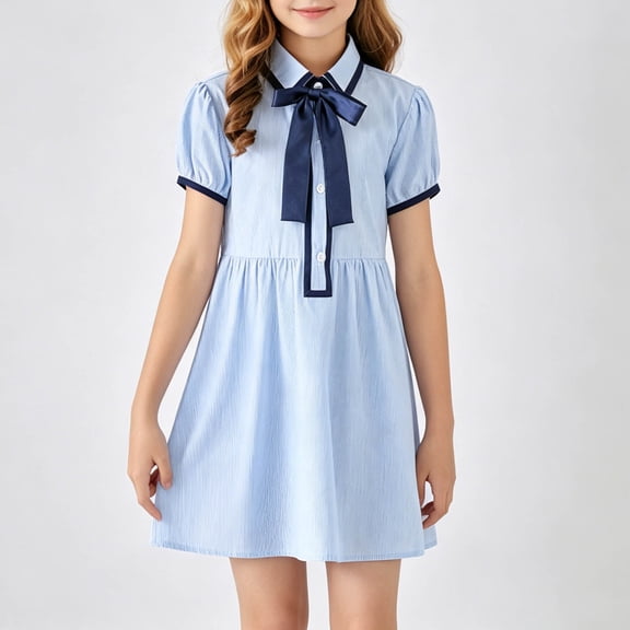 WAVSUF Girls Short Sleeve Polo Dress, with Socks Set Button Down Cute Bowknot Back to School Uniform Dress Blue 7-8