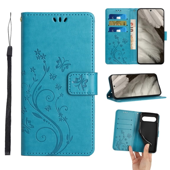 Designed for Google Pixel 8 Case, Wrist Strap Flip Kickstand PU Leather Wallet Case Cash Card Slots Holder, Protective Shockproof Pattern Women Cover for Google Pixel 8, Blue