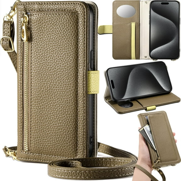 for Motorola Moto G15 Cowhide Pattern Leather Phone Case Wallet Handbag with Zipper Pocket, Multi Card Holder Cash Slot, Makeup Mirror, Crossbody Shoulder Strap & Wrist Lanyard