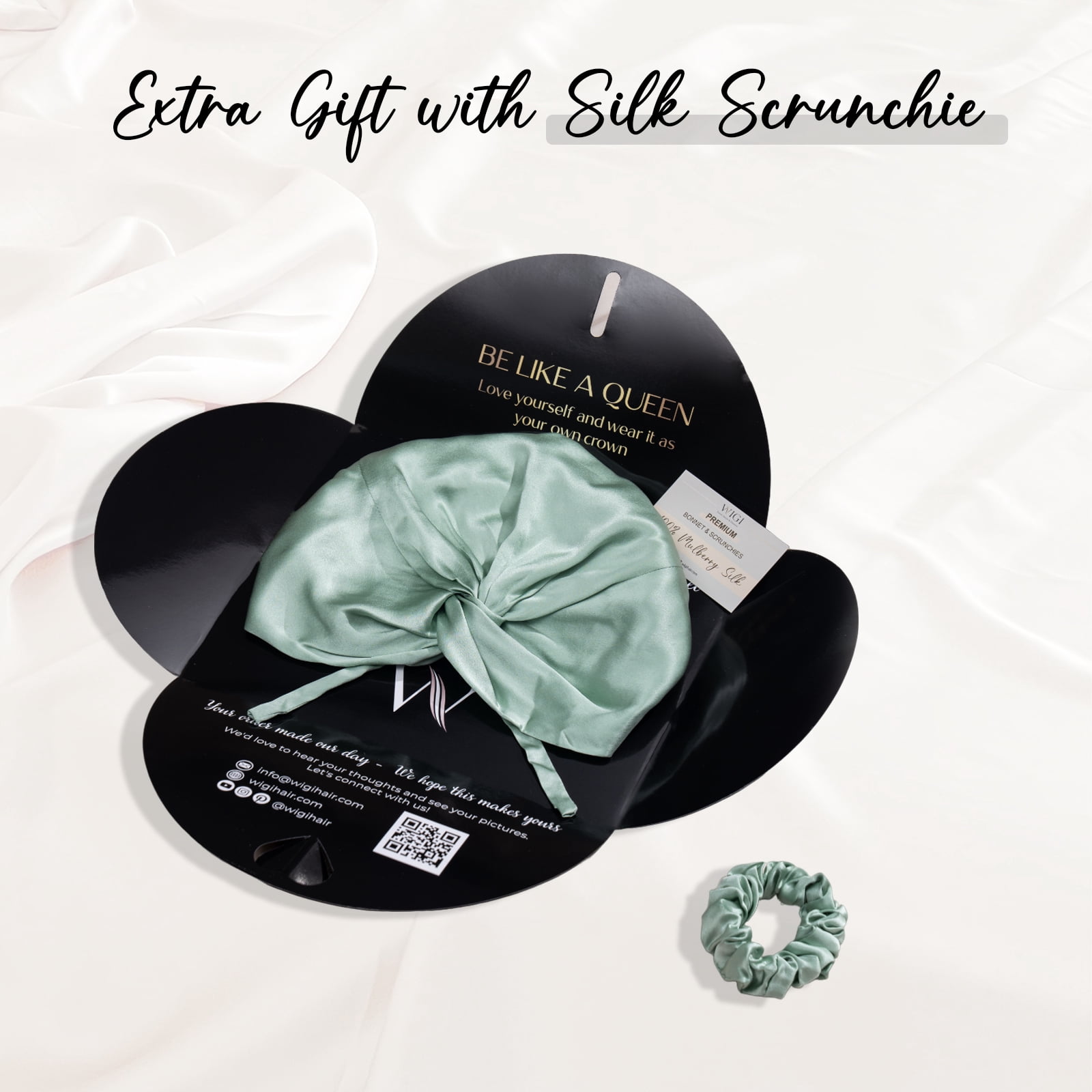 WIGI 100% Mulberry Silk Bonnet with Scrunchie Gift for Women, Silk Bonnet for Sleeping, Shower Cap Hair Bonnet, Silk Hair Wrap for Hair Care (100% Mulberry Silk (Bow design), Mint Green)
