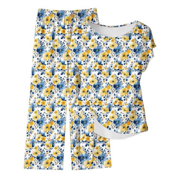 ZToonmas Women's 2 Piece Casual Outfit Round Neck Short Sleeve Tie Detail Top with Print and Elastic Waist Wide Leg Pants Set