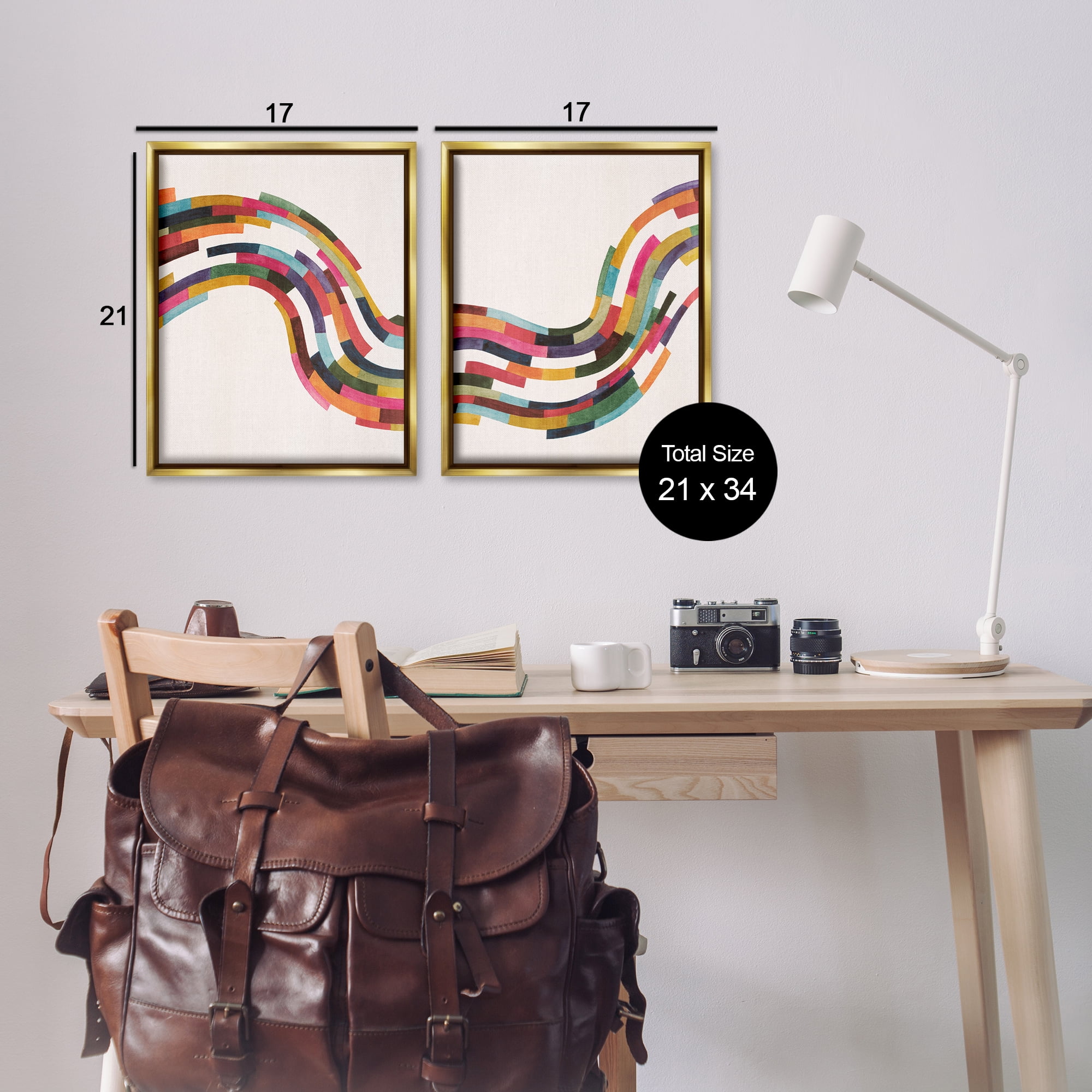 Stupell Industries Abstract Colorful Wave Abstract Painting Gold Floater Framed Canvas Art Print Wall Art, 17 x 21, Set of 2