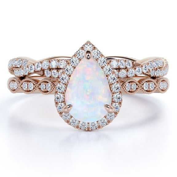 JeenMata Art Deco Milgrain Filigree 1.5 Carat Almond-Shaped Ethiopian Opal and Moissanite 3-Prong Halo Infinity Bridal Ring Set in 18K Rose Gold Plating over Silver