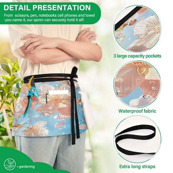 YAZAOO Aprons with Pockets for Server Aprons with 3 Pockets Water Resistant Half Waist Apron Cherry Blossoms