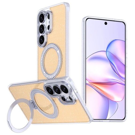 for Samsung Galaxy S24 Ultra Magnetic Glitter Case with 360° Spining Ring Kickstand, Ultra Slim TPU PC Shockproof Anti-Scratch Lightweight Drop Protection Phone Case for Galaxy S24 Ultra, Orange
