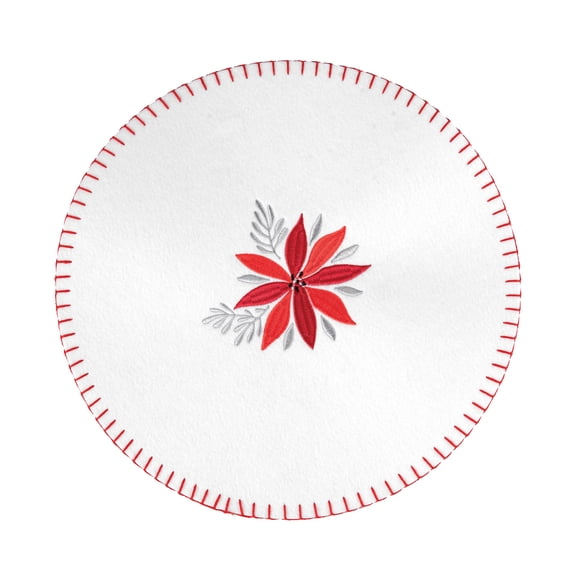 Poinsettia Felt Round Single Placemat White Embroidered Edge Red Winter, 14"