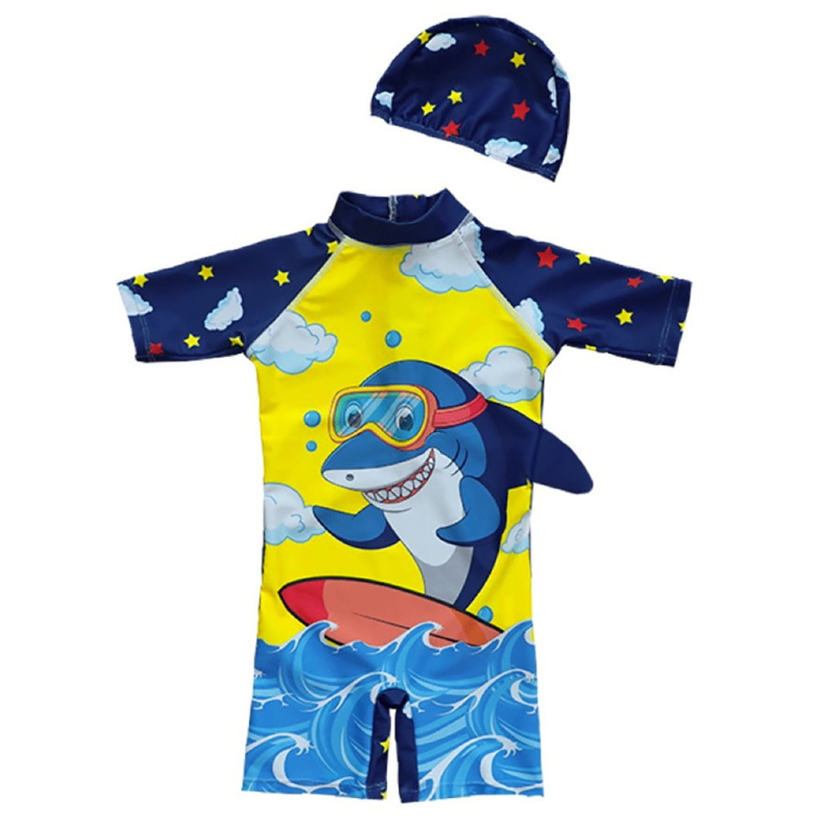 Boys Two Piece Shark Swimsuits Rash Guard Short Sleeve Bathing Suit Swimwear Sets with Hat UPF 50 for Kids