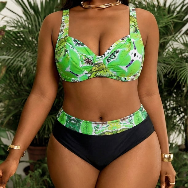 Trajes de baño Amzcrzy Tankini para mujer, moda para mujer, traje de baño de talla grande, traje de baño estampado con tirantes laterales, traje de baño dividido, traje de baño verde, 4XL