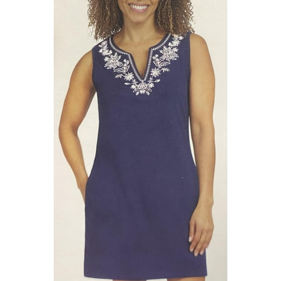 LANDS END Ladies' Embroidered Sleeveless Dress, Navy Medium