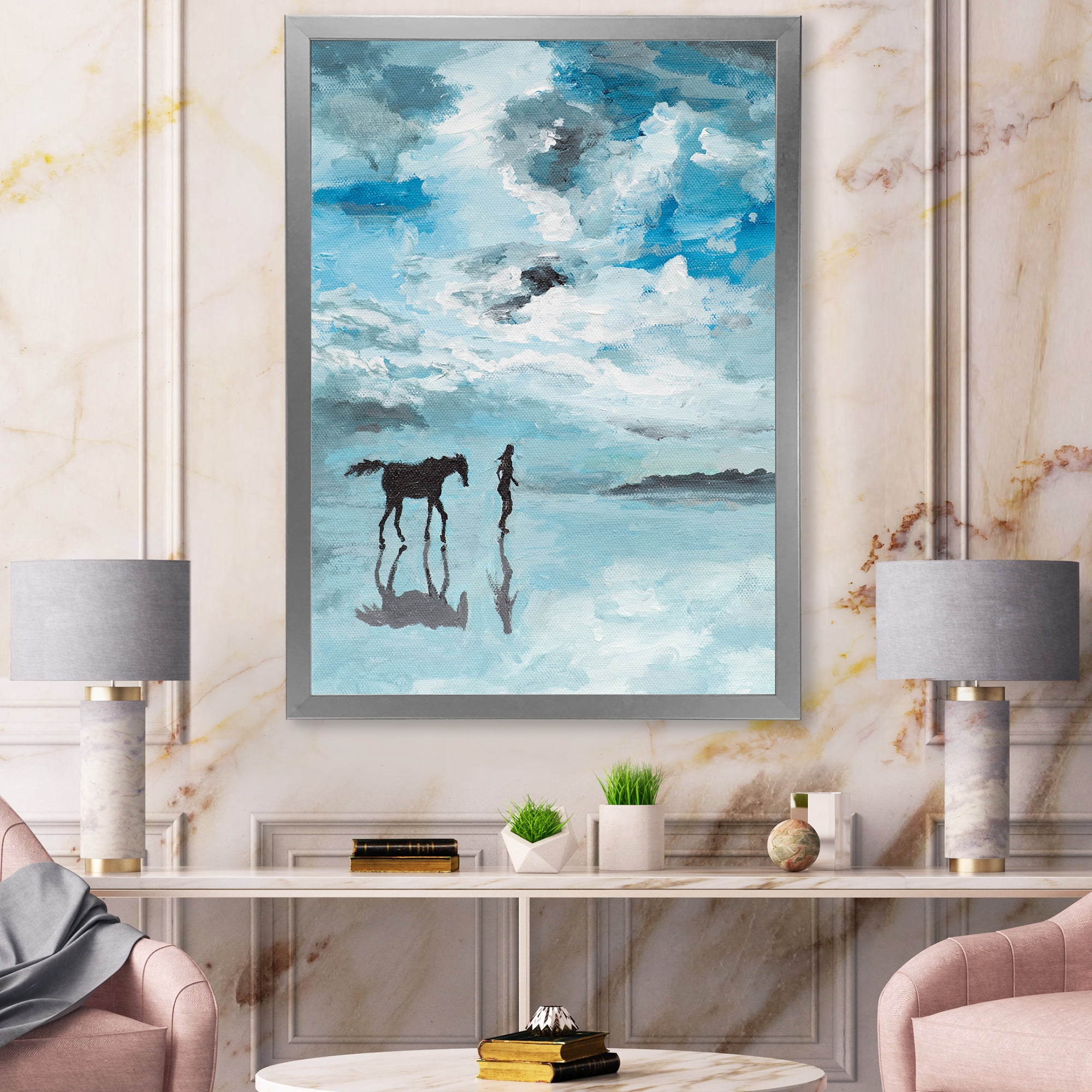 Designart 'Peaceful Scene Of Horse and Man Running By The Water' Farmhouse Framed Art Print