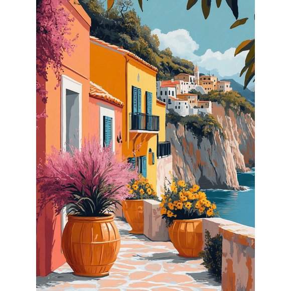 Mediterranean Coastal Town Canvas Painting/Wall Art,Suitable for Living Room, Dining Room, Office, Hotel Decoration.