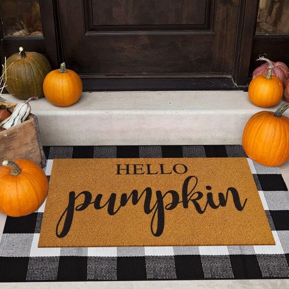 2 Pcs Fall Door Mat Combo Set Imitation Coir Welcome Mat, 43" x 28" Buffalo Plaid Rug Outdoor for Fall Halloween Thanksgiving Rustic Farmhouse Indoor Autumn Mats Hello Pu