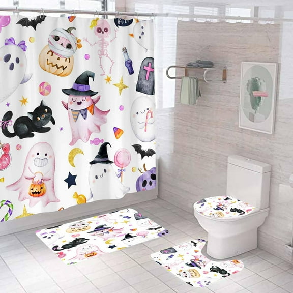 4PCS Vintage Magic Bookshelf Shower Curtain Sets with Rugs, Waterproof Fabric Shower Curtain, Gothic Spooky Skull Skeleton Purple Potion Floral Flower Green Plant Leaves Witchy Bathroom Decor