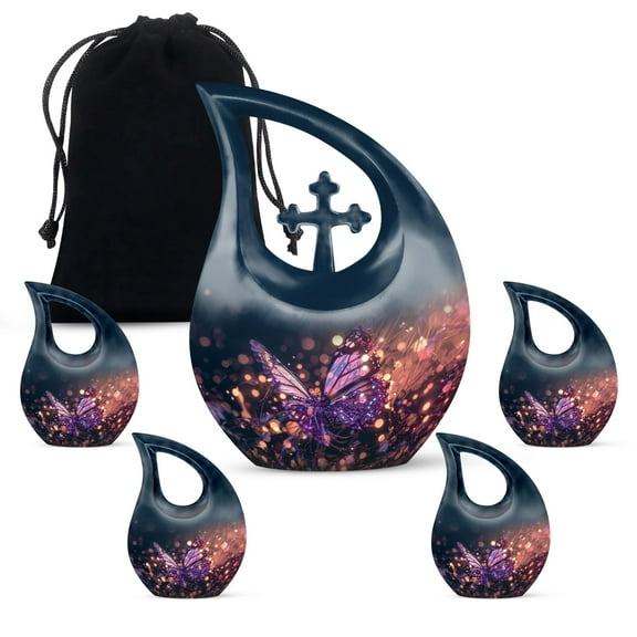 MUKTIVE Purple Butterfly Urns for Human Ashes Adult Female, Burial Urn for Mom & Dad, Combo Sets Funeral Urn for Ashes Adult Male Dad, Decorative Cremation Urns, (1 Large 10 ", 4 Keepsake 3 ")