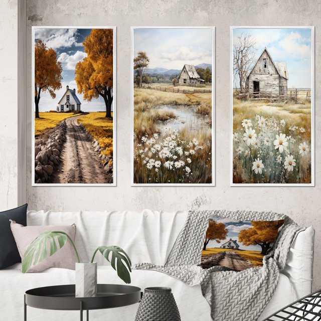 Designart "Farmhouse Rural gracefulness I" Landscape & Nature Framed Wall Art Set Of 3 - Yellow Farm Frame Gallery Set For Office Decor