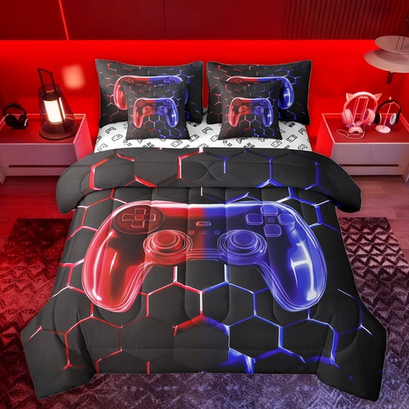 jejeloiu Kids Gamepad Controller 7-Piece Twin Bedding Sets,Console Gamer Gaming Bedding Comforter Set,Red Bpurple Ombre Sheet Sets For Boy,Microfiber Bedroom Decor Reversible