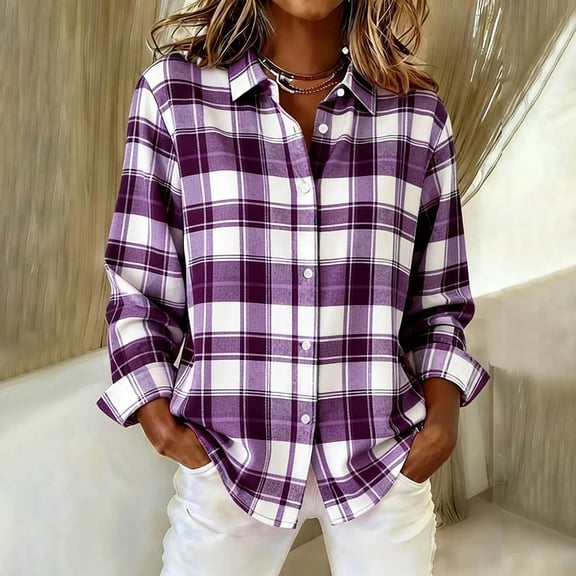 Womens Tshirt Stretchy Plaid Long Sleeve Collared Button Down Shirt Lounge Casual Womens Tees