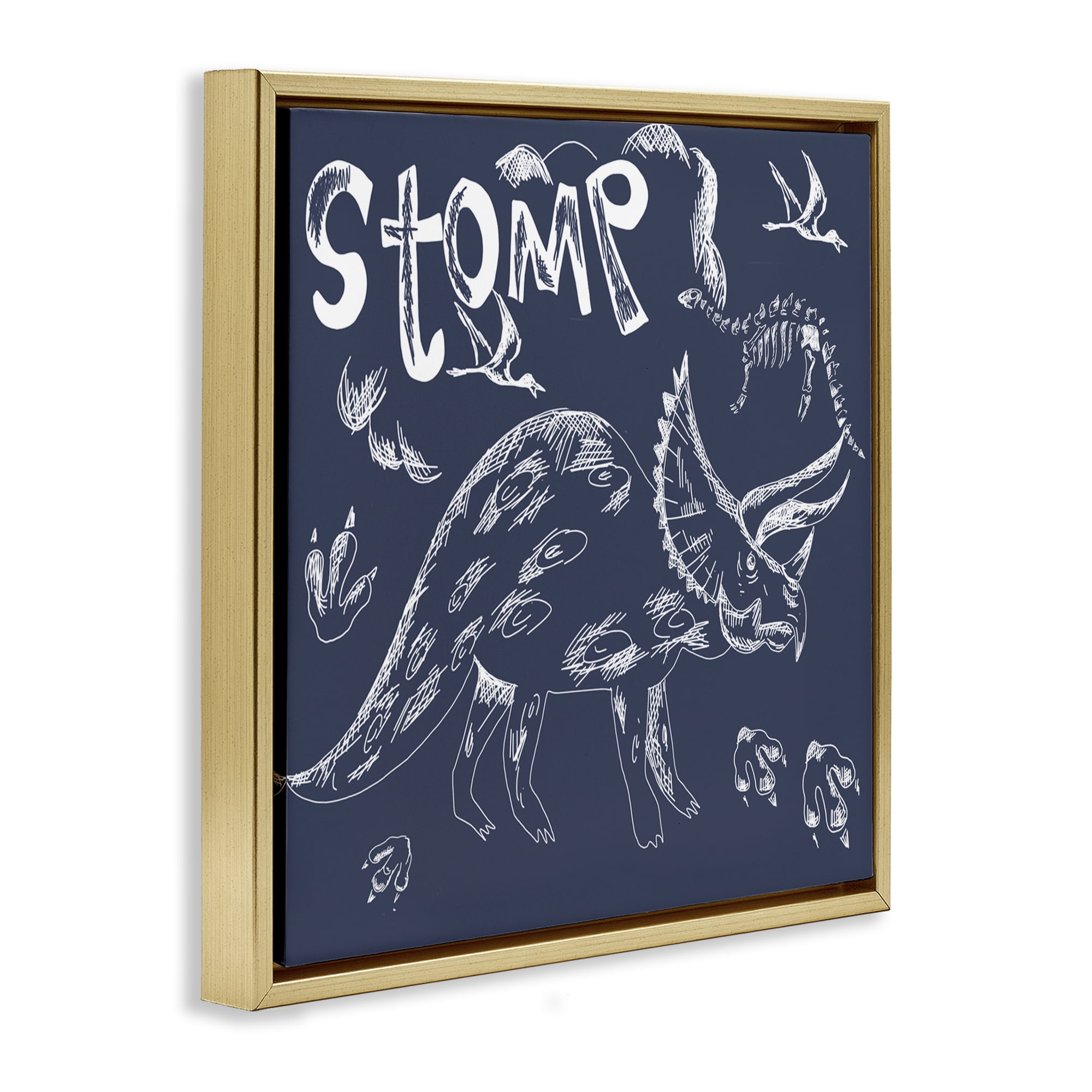 Sketchy Stomp Dinosaur Gold Framed Floater Canvas Wall Art, design by HUE and MI and Sangita