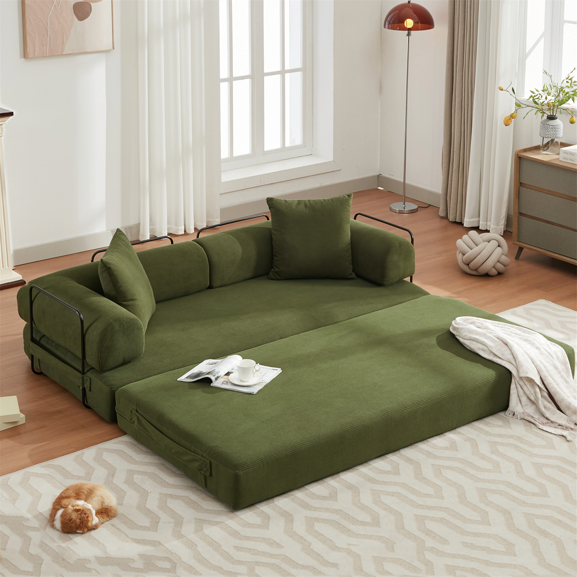 Aukfa 78.5" Convertible Sleeper Couch Folding King Size Futon Sofa for Living Room, Corduroy, Green