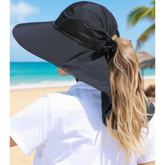 VigorousTrade Womens Sun Hat Outdoor UV Protection Wide Brim Fishing Hat with Ponytail Hole Neck Flap for Beach Hiking Camping