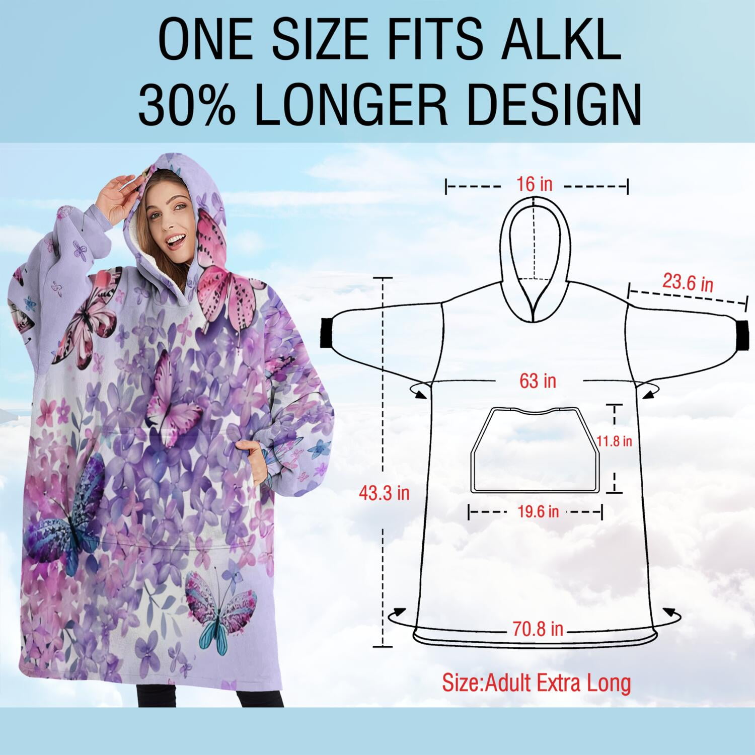 Oversized Wearable Blanket Hoodie,Purple Butterfly Flower Pattern Sherpa Blanket Hoodie with Super Pockets,Super Warm Fuzzy Pullover for Women & Men