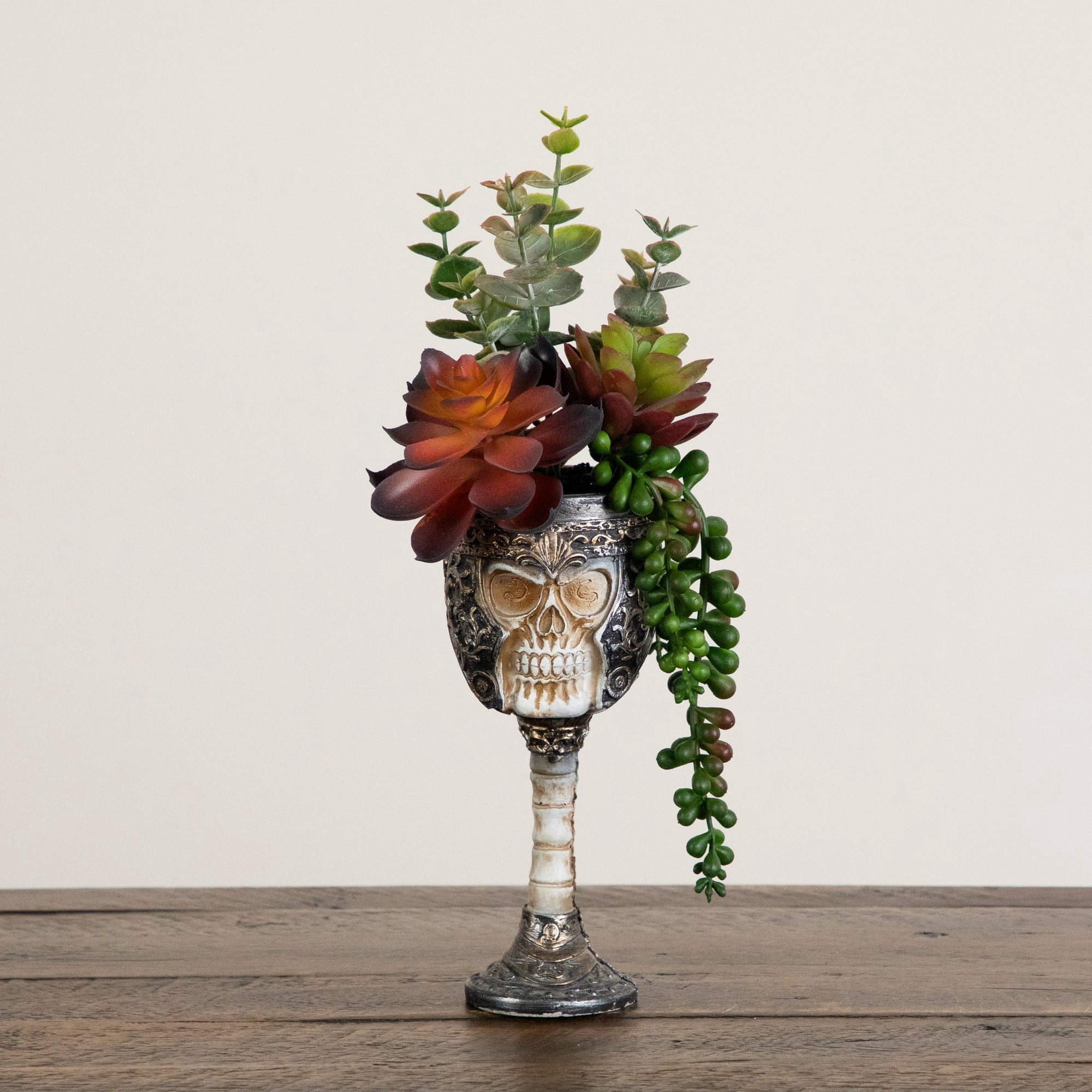11in. Artificial Halloween Succulent Garden in Skull Chalice Planter