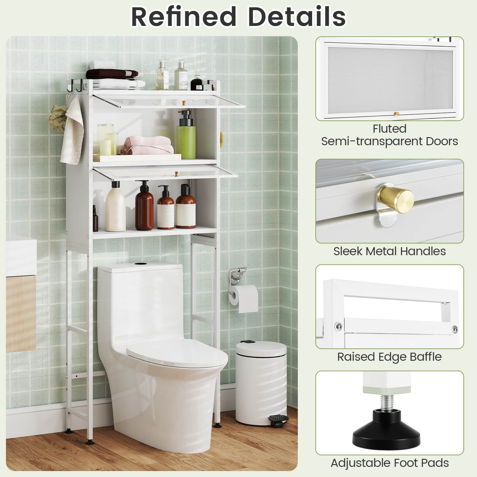 Costway 66” Bathroom Organizer with 2 Flip-up Cabinets, See-through Fluted Doors, 4 Hooks White